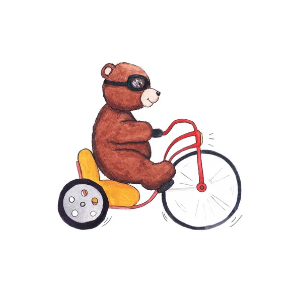 Watercolor drawing of a bear cub a motorcyclist on his bike. Children cartoon illustration