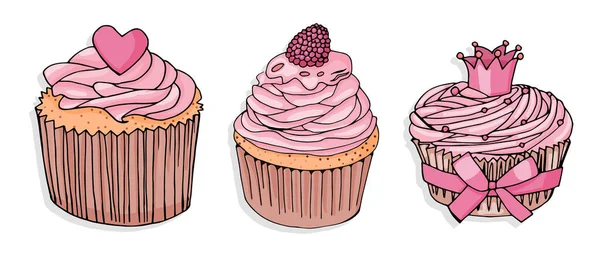 Ensemble Trois Cupcakes Cupcake Crème Rose Rose Coeur Cupcake Couronne — Image vectorielle