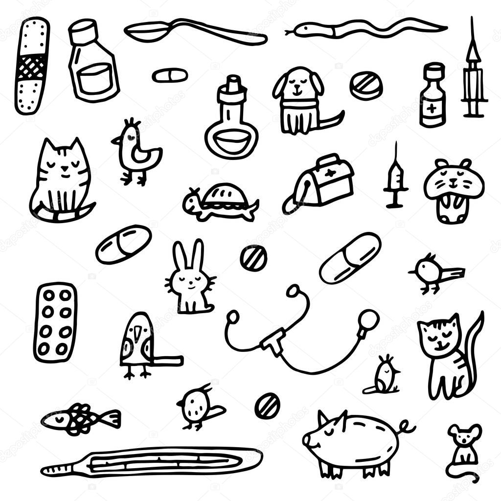 Doodle about veterinary. cat, dog, hamster, parrot, rabbit, pig, cow, hare, fish, medications, phonendoscope, syringes, thermometer, mouse, rat, turtle, plaster.