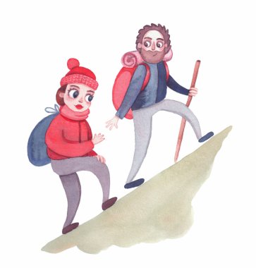 Genç kadın ve erkek çift dağlarda yürüyüş yapıyor suluboya çizgi film Illustration. 