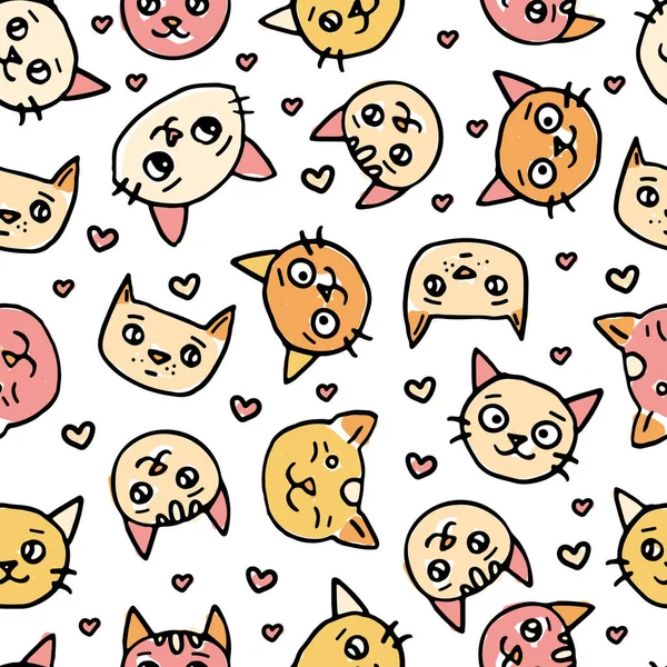 Χέρι Σχεδιασμένο Doodle Αδιάλειπτη Μοτίβο Των Χαριτωμένων Κεφαλιών Γάτες Εκτύπωση — Διανυσματικό Αρχείο