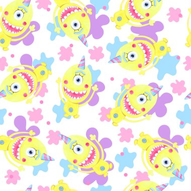 Sarı suluboya canavarı ve soyut lekeleri olan çocuklar için parlak bir yaz deseni..