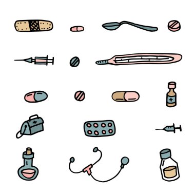 Vektör karalama seti beyaz üzerine el çizimi tıp simgeleri