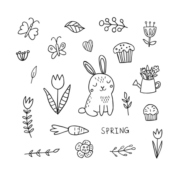 Easter Doodle Set Spring Elements Flowers Cakes Muffins Butterflies Leaves — Stock Vector