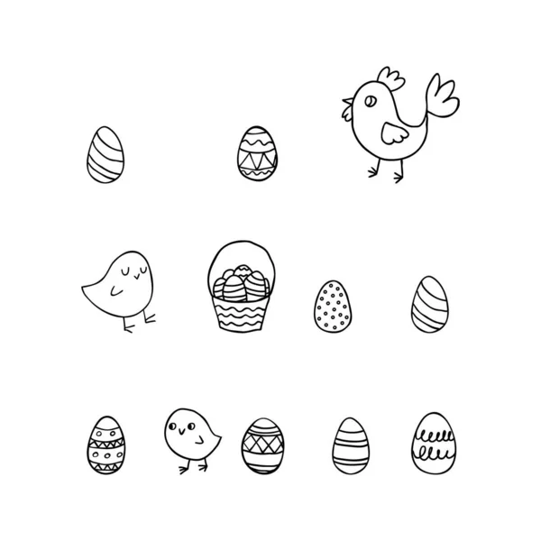 黑色和白色的春天涂鸦设置为复活节 东方蛋 鸡和篮子与蛋的白色背景 黑线图形 — 图库矢量图片