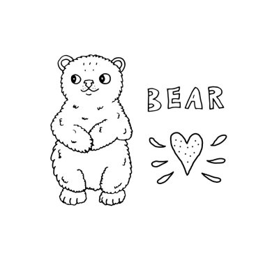 Hayvan orman vektörü. Sevimli el çizimi karikatür ayısı, harfleri ve kalbi var. Beyaz arkaplanda siyah çizgi sanatı