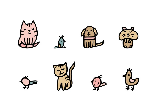 Doodle Set Com Animais Estimação Gato Cão Hamster Papagaio Pássaros —  Vetores de Stock