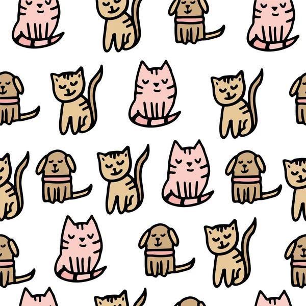 Doodle Met Huisdieren Roze Katten Beige Honden Kleuren Vector Naadloos — Stockvector