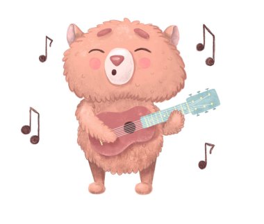 Beyaz arka planda notları olan çocuk karakterli bir müzisyen. Hamster gitar çalar. Çocuk sanat okulları, dersler, çalmayı öğrenmek, kulüpler ve barlar için. Hayvan bir şarkı söylüyor..