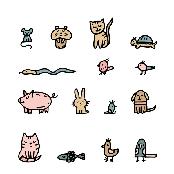 Set Doodle Con Mascotas Gato Perro Hámster Loro Aves Peces — Vector de stock