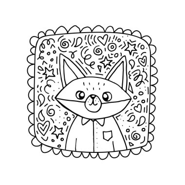 Çerçevede beyaz bir tilki var. Beyaz arka planda siyah çizim. Erkekler için yazdır 