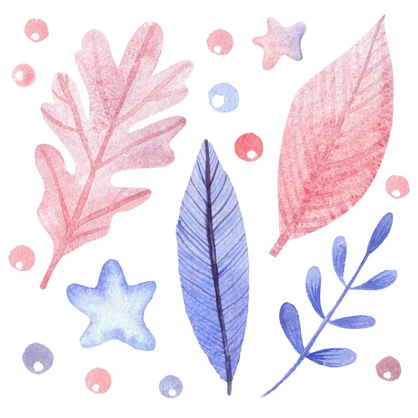 Kézzel Rajzolt Kék Rózsaszín Akvarell Ágak Levelek Csillagok Fényes Virágokból — Stock Fotó