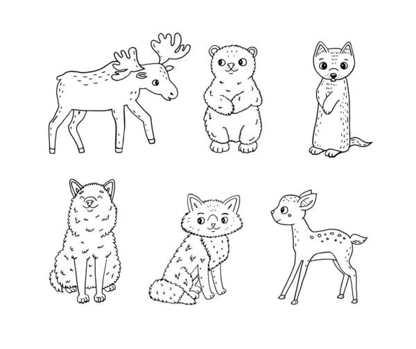 Lindos Animales Del Bosque Garabatos Ilustración Infantil Vectorial Sobre Fondo — Vector de stock