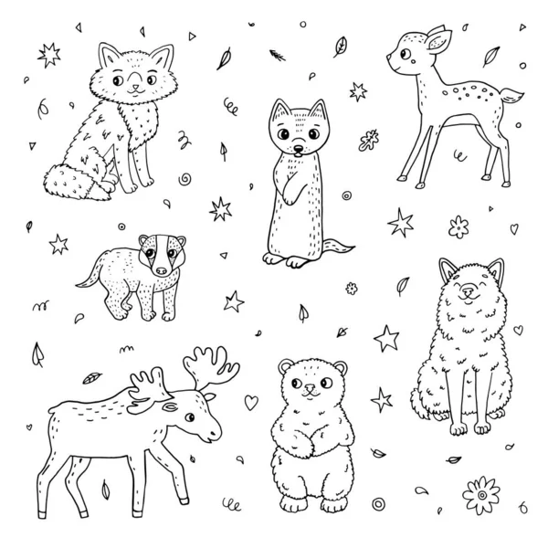 Lindos Animales Del Bosque Garabatos Ilustración Infantil Vectorial Sobre Fondo — Vector de stock