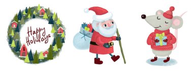 Noel seti. Elinde bir çanta dolusu hediye ve değnekle şirin bebek Noel Baba. Örgü süveter ve şapkalı bir fare. Elinde hediye kutusu ve harfli bir çelenk var. Bir beyazda izole edilmiş. 