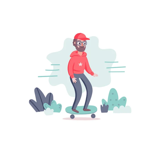 Cool Vector Hipster Man Karakter Met Baard Skateboard Zelfverzekerde Volwassen — Stockvector