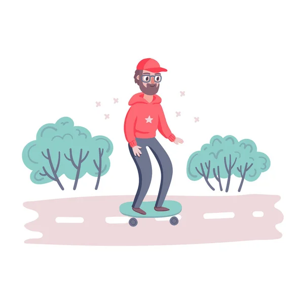 Cool Hipster Homme Caractère Avec Barbe Planche Roulettes Dans Parc — Image vectorielle