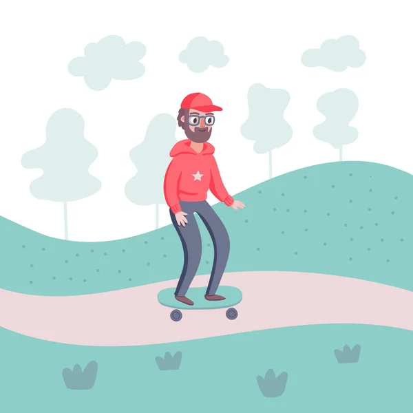 Cool Hipster Homme Caractère Avec Barbe Planche Roulettes Dans Parc — Image vectorielle