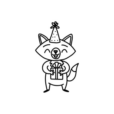 Parti şapkalı bir tilki gülüyor ve elinde bir hediye kutusu tutuyor. Doğum günü süslemeleri için çizgi film hayvanı. Karalama siyah ve beyaz doğrusal sanat.
