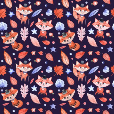 Çocuklar için kusursuz suluboya desenli, koyu mavi arka planda bir tilki, küçük beyler ve hippiler için..