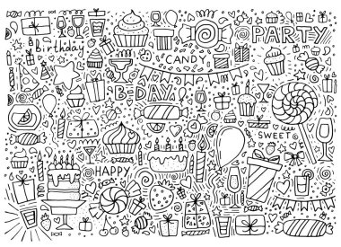 Doğum günü partisi geçmişinin el çizimleri. Vektör illüstrasyonu