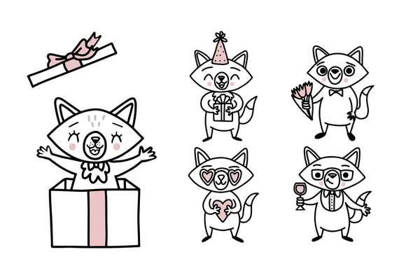 Doodle Zorros Divertidos Felices Personajes Dibujos Animados Para Las Vacaciones — Vector de stock