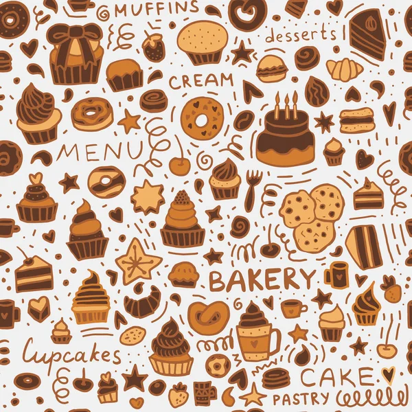 Modèle Sans Couture Bakery Doodle Muffins Desserts Cupcakes Pâtisseries Gâteaux — Image vectorielle