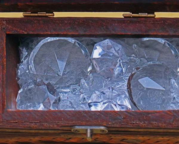 Pile Luxury Crystal Diamonds Hidden Wooden Chest — Stock Photo, Image