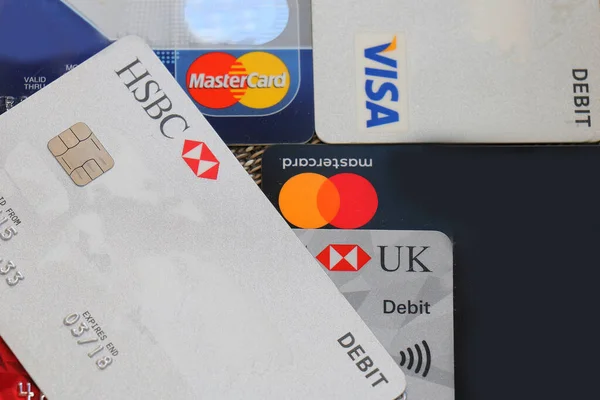 Лондон Великобритания Июня 2019 Года Стек Кредитных Дебетовых Банковских Карт — стоковое фото