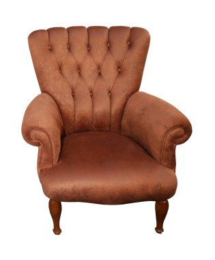 Beyaz arka planda izole edilmiş kahverengi deri koltuk