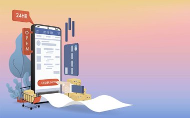 Cep telefonu mağaza önünde temsil ediliyor.Web sitesinde veya Mobil Uygulama Vektörü Pazarlama ve Dijital Pazarlama, Online mobil e-ticaret alışverişi.