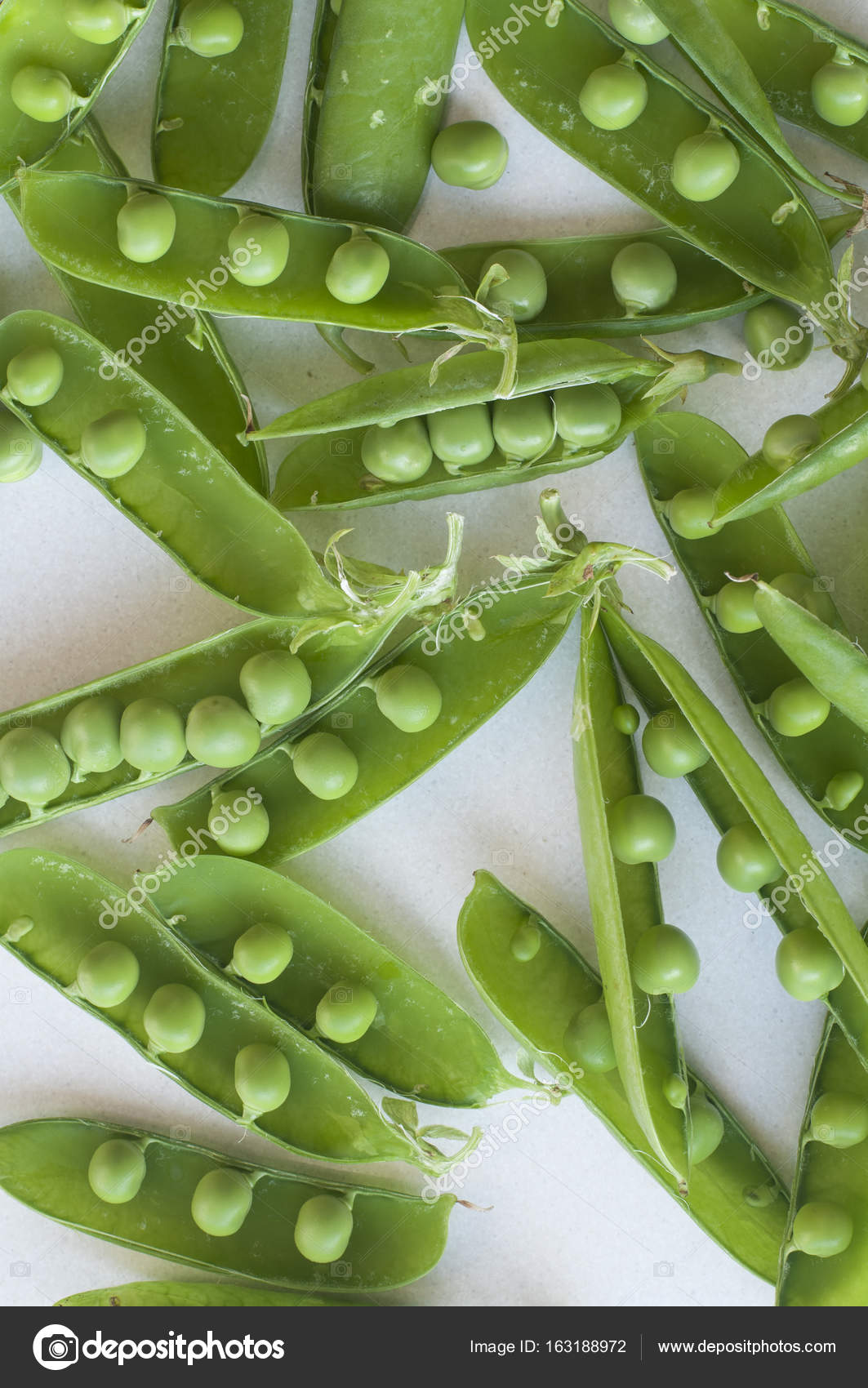 Green peas in opened pods Stock Photo by 163188972