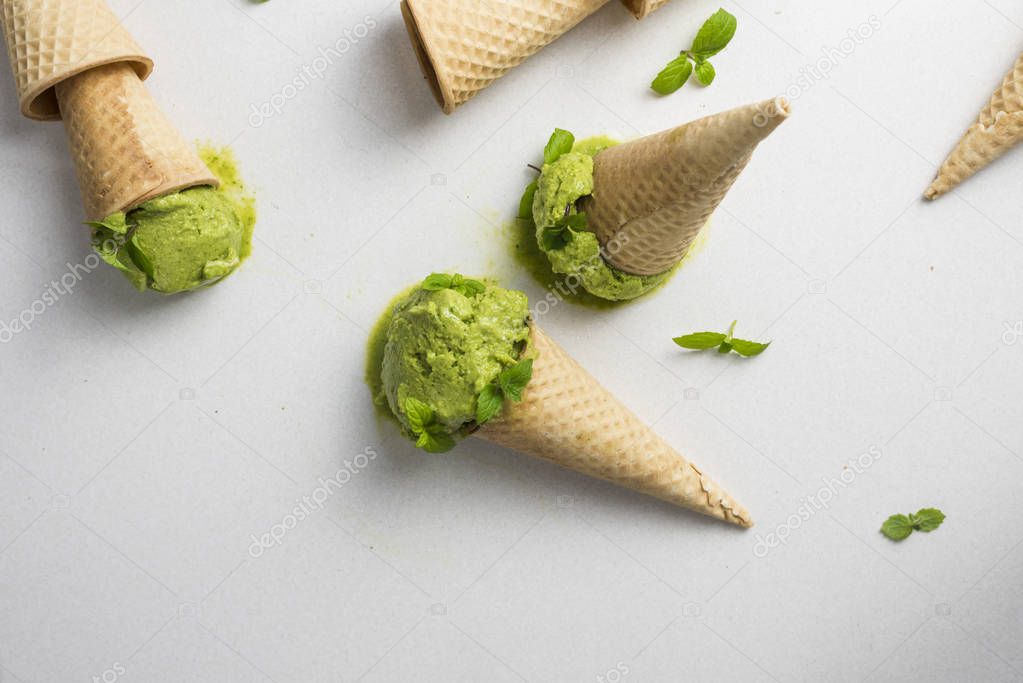 Green Ice Cream in Cones