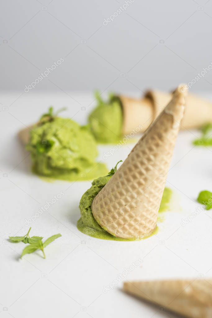 Green Ice Cream in Cones