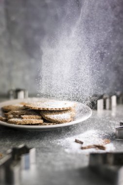 Pudra şekeri gingerbread çerezleri üzerinde düşen