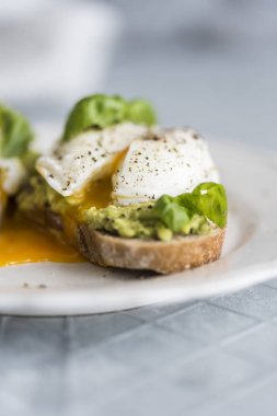 Avokado tabakta ekmek üzerine haşlanmış yumurta