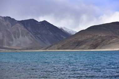Dağlar Pangong göl kenarında yansıması mavi gökyüzü arka plan ile. Leh, Ladakh, Hindistan.