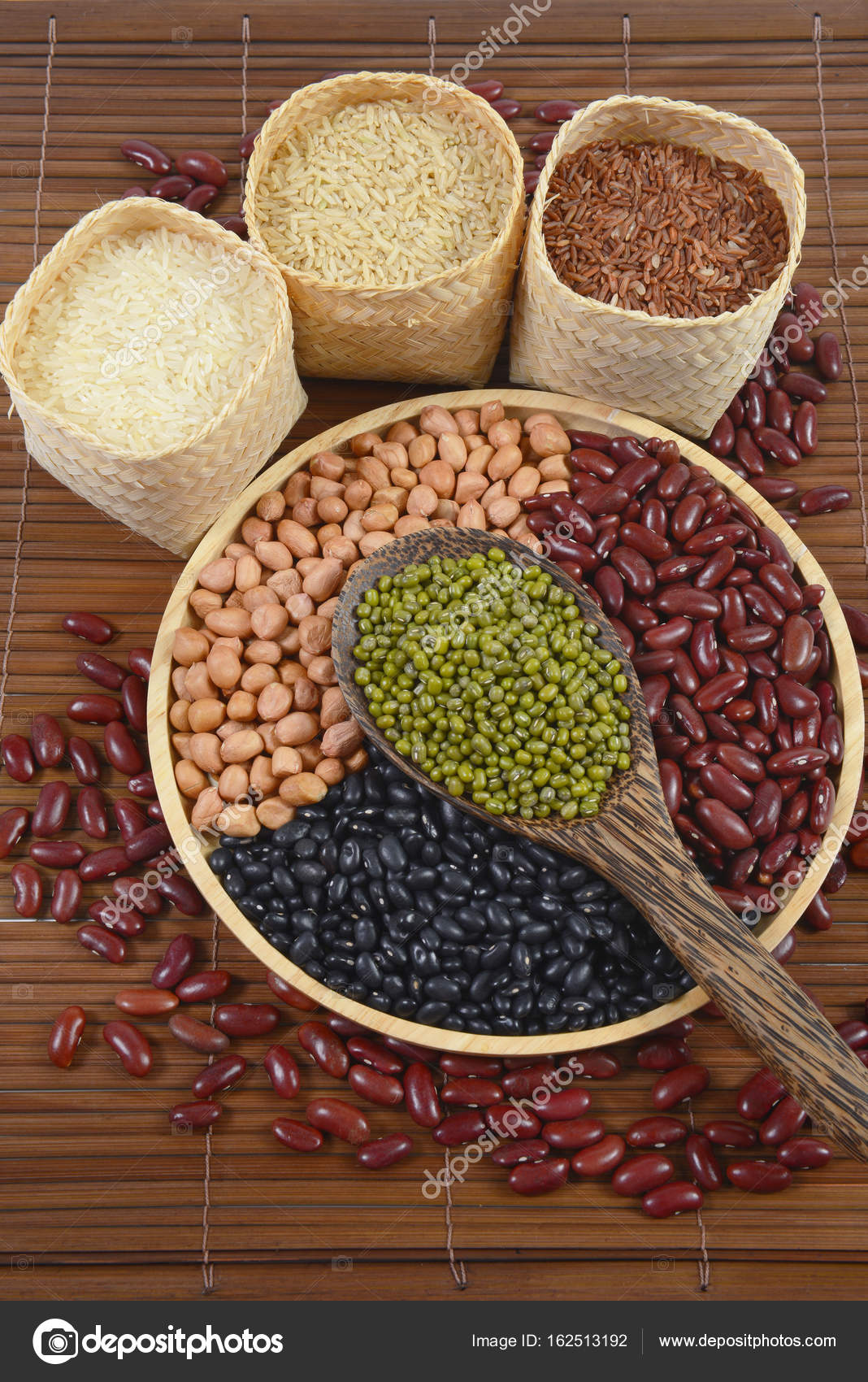 Cereal Grains And Seeds Beans Black Bean Red Bean Peanut Mung Bean Thai Jasmine Rice Brown Rice And White Rice Useful For Health In Wood Spoons On Wood Background Stock Photo C