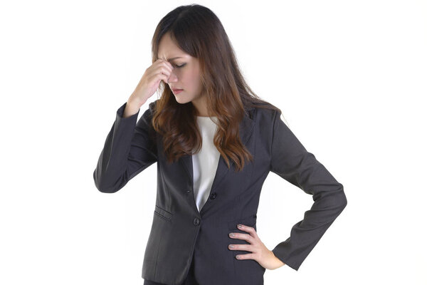 Business women in business suit so stressed out on pure white background.