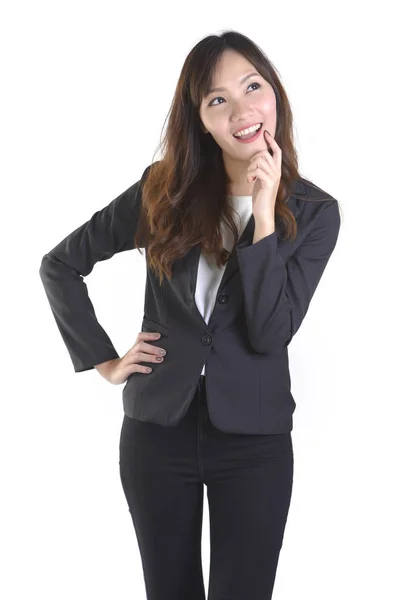Glücklich Geschäftsfrauen denken Ideen Strategie Arbeitskonzept isoliert auf weißem Hintergrund. — Stockfoto