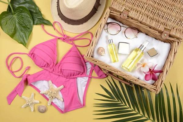 Summer and sunscreen, Beauty cosmetics product for skin care and women accessories on the beach. (Sun protection product concept)