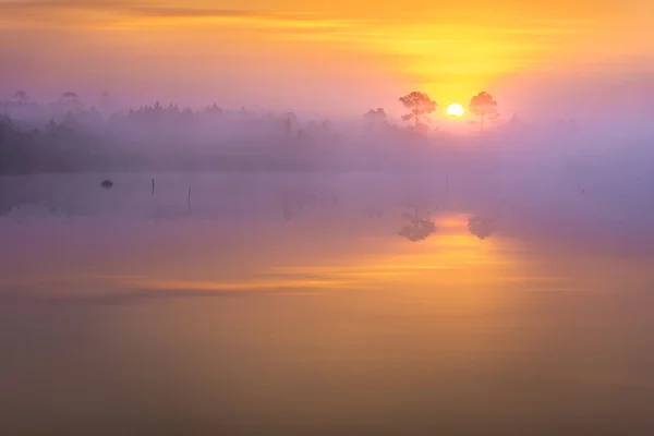 Raios de nascer do sol sobre o lago com névoa de reflexão sobre a água , — Fotografia de Stock