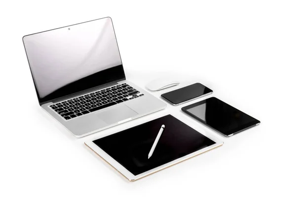 Office table with laptop computer, digital tablet, smartphone, p — Stock Photo, Image