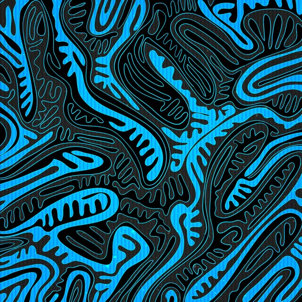 Patrón abstracto con vivos adornos de ondas azules sobre la textura de papel negro. vector tribal fondo diseño. impresión de arte textil étnico. plantilla de papel pintado texturizado. Fondo dibujado a mano — Archivo Imágenes Vectoriales