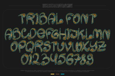tribal style alphabet letters and numbers isolated on black background. vector South American tribe font type. ethnic ornament character design. ancient handwritten, decorative typesetting