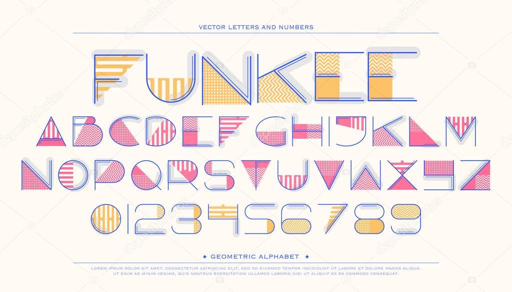 geometric style alphabet letters and numbers. vector font type design. modern lettering symbol. abstract, decorative typesetting. ornamental typeface template