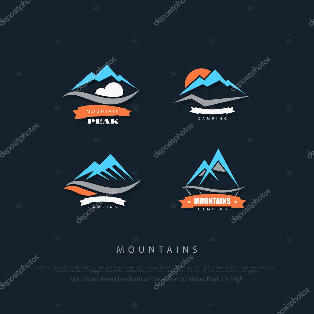 Set of high mountains vector icons. travel and rock climbing concept logo. Everest trekking sign. mountain valley logotype. extreme sports symbol. camping badge