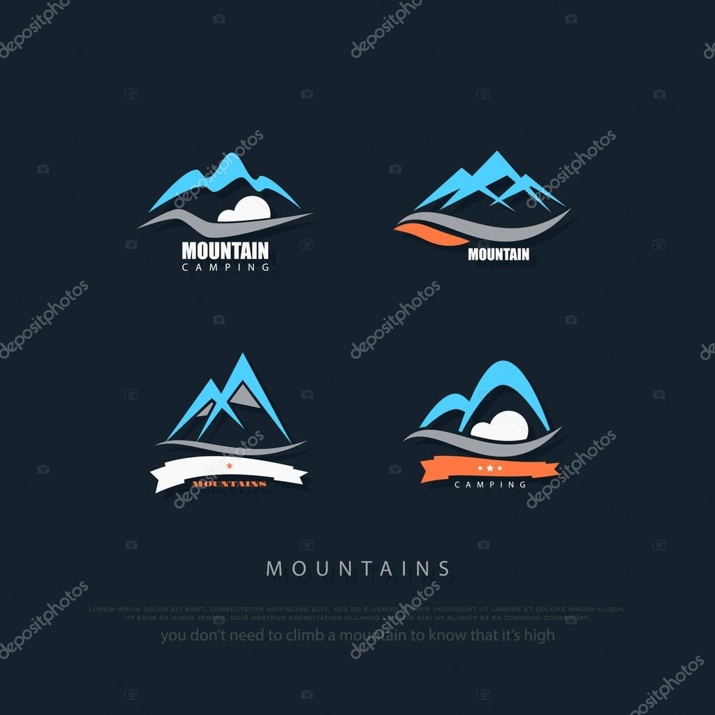 Set of high mountains vector icons. travel and rock climbing concept logo. Alps trekking sign. hills valley logotype. outdoor sports symbol. camping badge