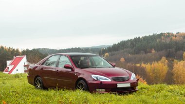 Kiraz kırmızısı 4 kapılı sonbahar sahnesi d sınıfı sedan Toyota Camry beşinci nesil XV30 2001-2006 Yazın yeşil bir tarla ve arka planda duran büyük farlar ve 18 inç jantlarla