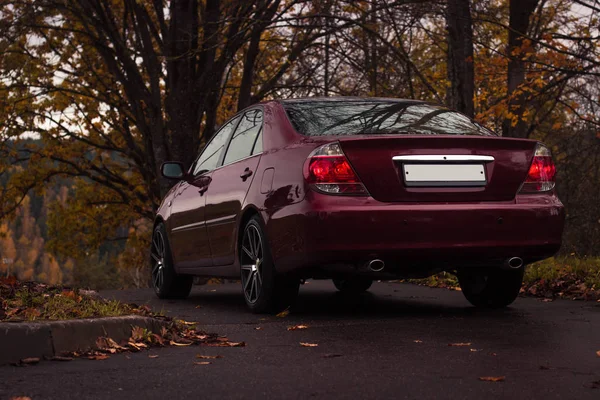 Kiraz kırmızısı 4 kapılı sonbahar sahnesi d sınıfı sedan Toyota Camry beşinci nesil XV30 2001-2006 Yazın yeşil bir tarla ve arka planda duran büyük farlar ve 18 inç jantlarla